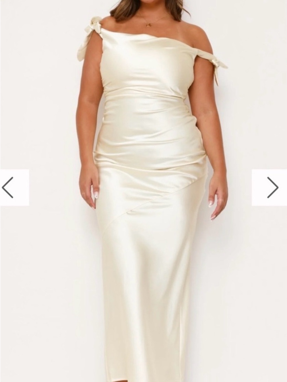 Off-Shoulder Satin Cream Wedding Dress with Tie-Strap Detail